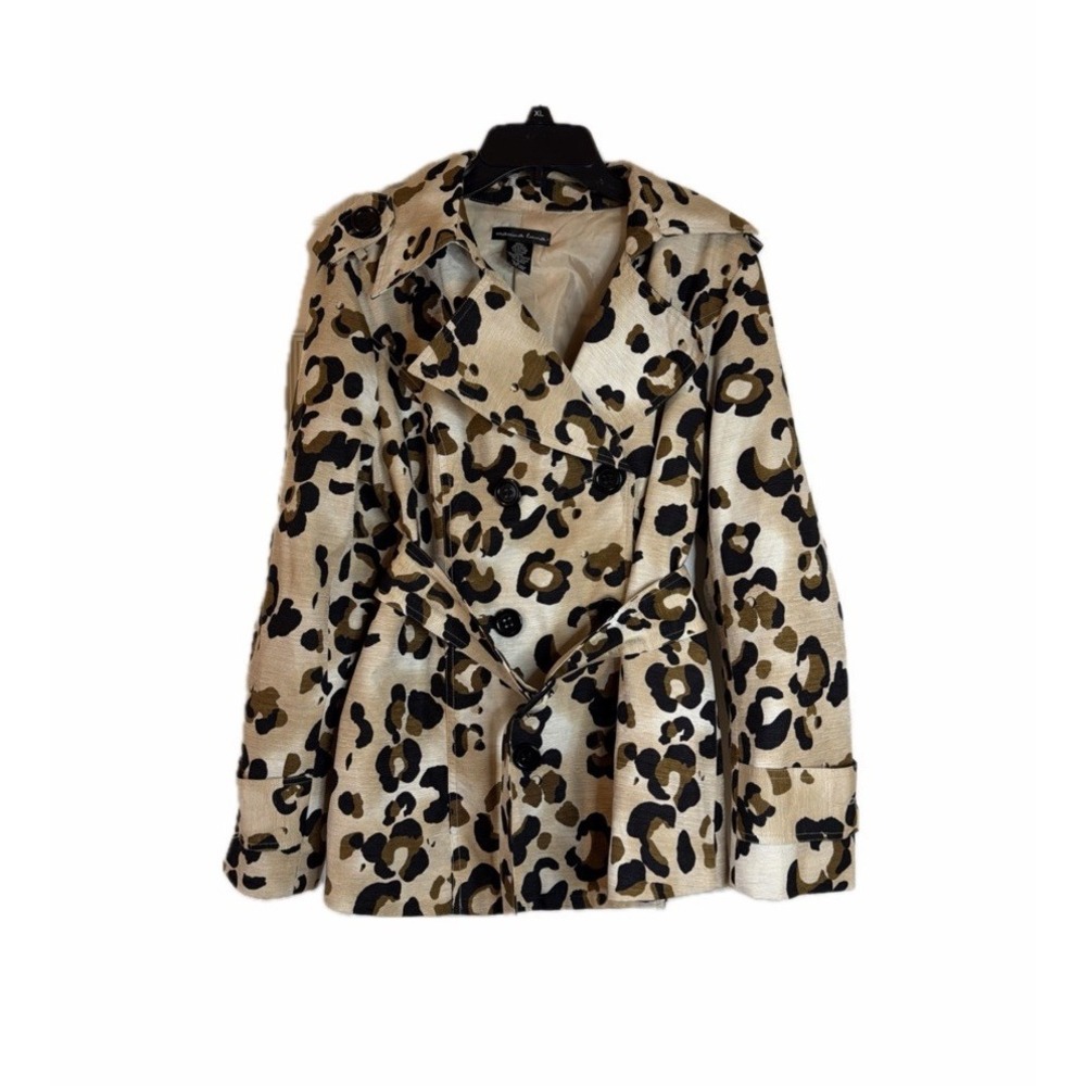 Marina Luna Leopard Silk Double Breast Button Front Trench Matching Belt Sz L